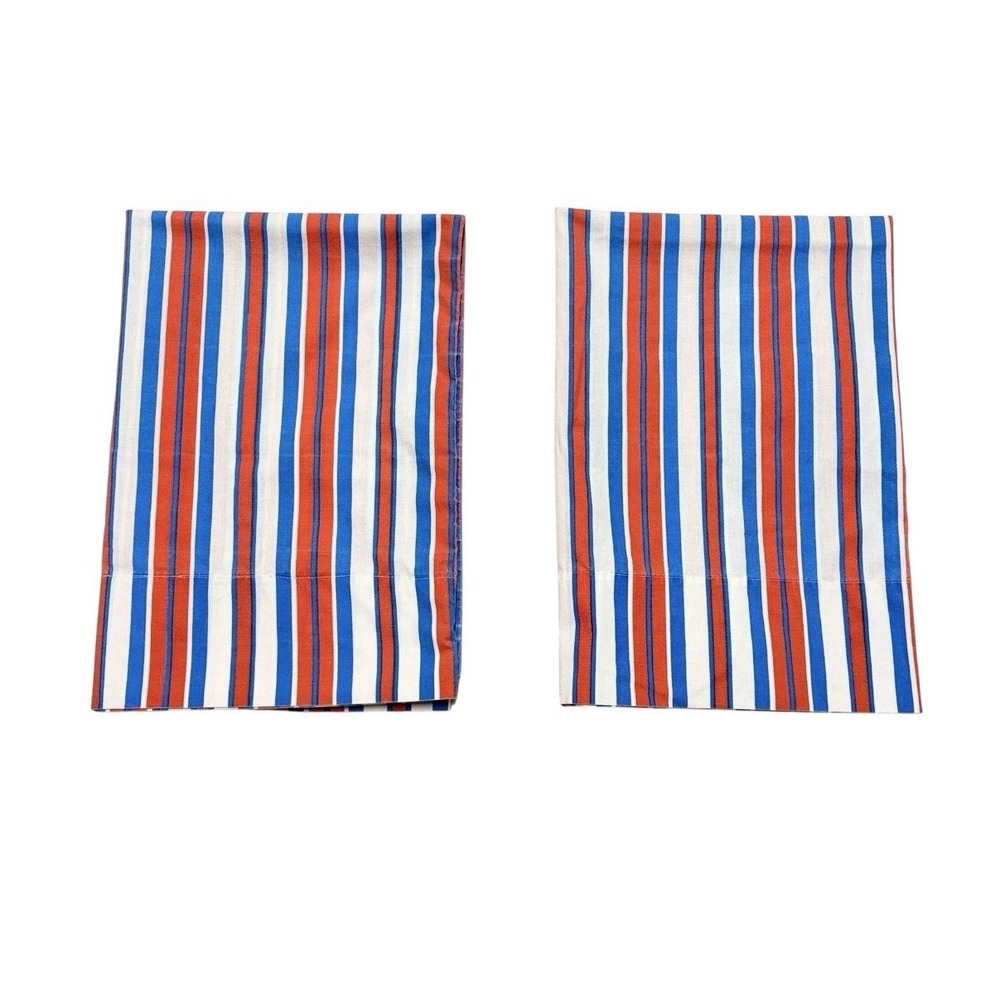 Set VTG 70s Pillowcases JCPenney Fashion Manor Muslin Standard Red Blue White